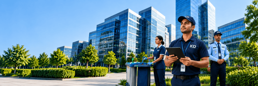 KD Facilities Management Services operations team with tablet, housekeeping cart, and security officer at modern corporate campus